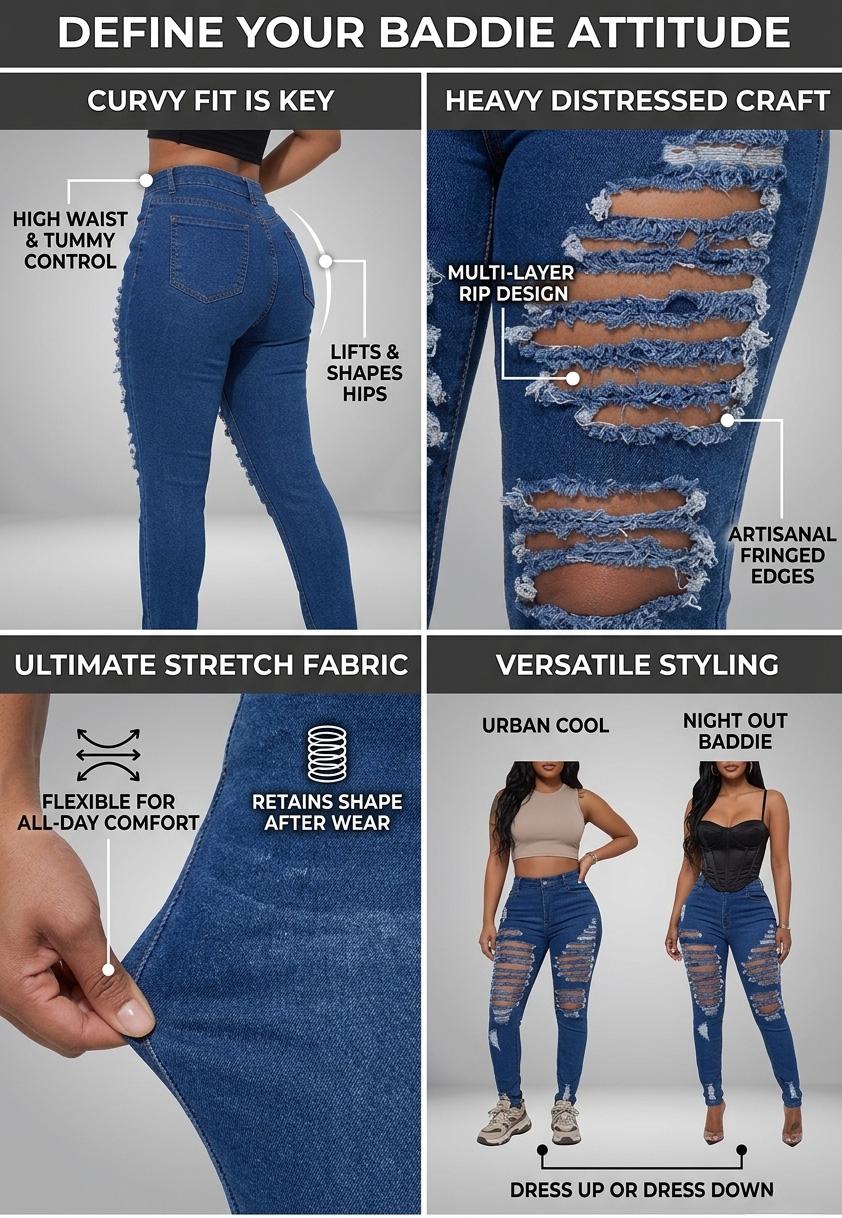 Yzara Women's Distressed Skinny Jeans  Slim Fit Stretch Denim Pants for Juniors Classic Relaxed Fit Ripped Boyfriend Jeans for Women Belt Loose Fabric Footwear Hip Bottom Womenswear Basic