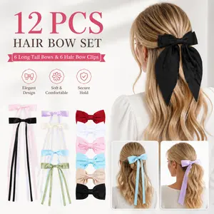 12 Pcs Women Bow Hair Clips Set – 6 Tassel Ribbon Hair Clips + 6 Long Tail Big Bow Barrettes – Metal Hair Claws for Ponytail, Daily & Party
