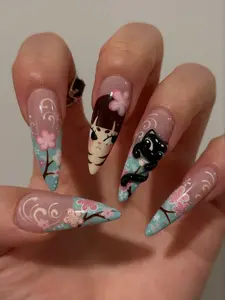 Kawaii Cherry Blossom Press On Nails Long Stiletto | Japanese Sakura Cat Girl Design | Cute 3D Nail Art Glossy Acrylic False Nails Reusable