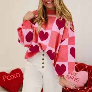 Plus-size Valentine's Day sweater, heart-patterned color-blocked turtleneck pullover with lantern sleeves, suitable for anniversaries and dates, Valentine's Day color-coordinated contrast knit sweater