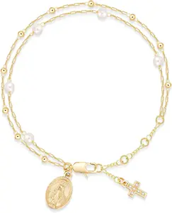 Virgin Mary Cross Bracelet for Women - 14K Gold Plated Double Layer Pearls Rosary Chain Bracelet, Dainty Cubic Zirconia Crucifix Link Bracelet, Religious Christian Faith Jewelry Gift for Her