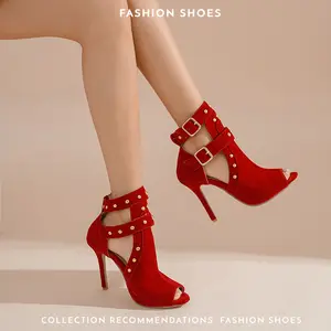 Women's Stiletto Heel Ankle Boots, 10cm High, Suede Upper,Lining, Anti-Slip Sole, Cutout Buckle Design, Party/Club/Date Shoes, Black/Red/Blue, Sizes 35-43
