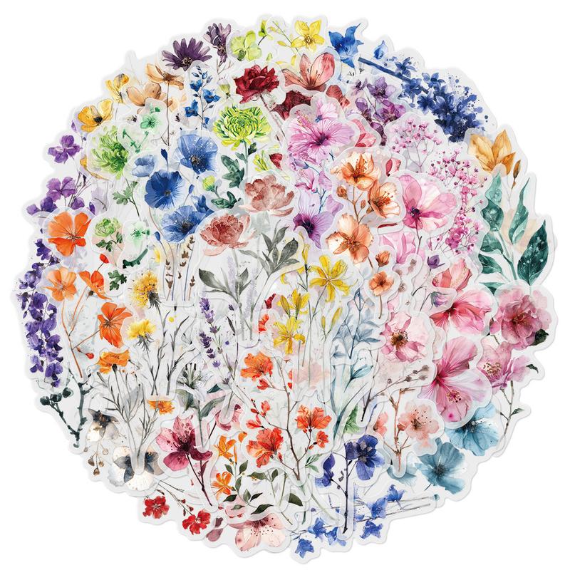 50 Watercolor Floral Transparent PET Stickers - Suitable for Waterproof Decorative DIY Stickers for Suitcases, Phone Cases, Laptops, Helmets, Skateboards