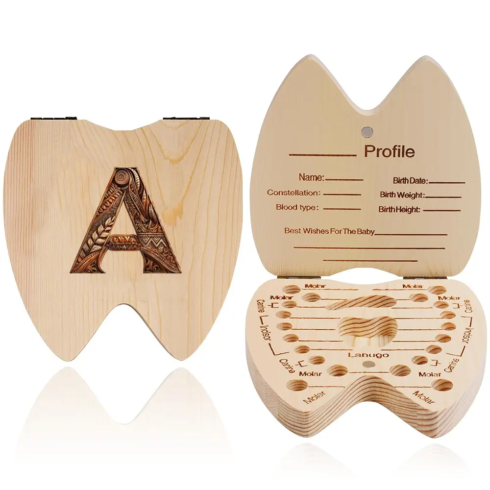 Durable Wooden Tooth Storage Box, Dustproof & Waterproof Design, Perfect Gift for Kids, Keepsake for Lost Milk Teeth Preservation, Molar, Name, Birth Date, Birth Weight, Birth Height, Lanugo, Profile