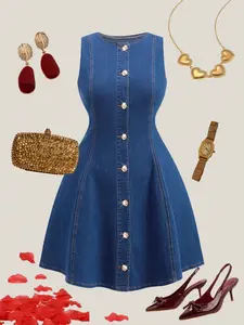 Plus Size French Sleeveless Denim Dress, Waist Cinch Slimming Single Row Button A-Line Short Skirt, Fashion Essential for All Seasons