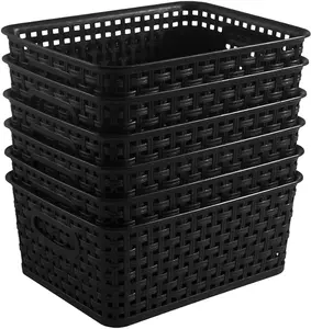 Black Plastic Woven Storage Baskets, 6-Pack Weave Basket Organizer for Kitchen Office Bathroom