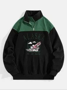 Men's Fall Winter Hoodie, Fleece Colorblock High Neck Half Zip Letter Embroidery Pullover, Casual Sportswear Street Fashion, Sweatshirts