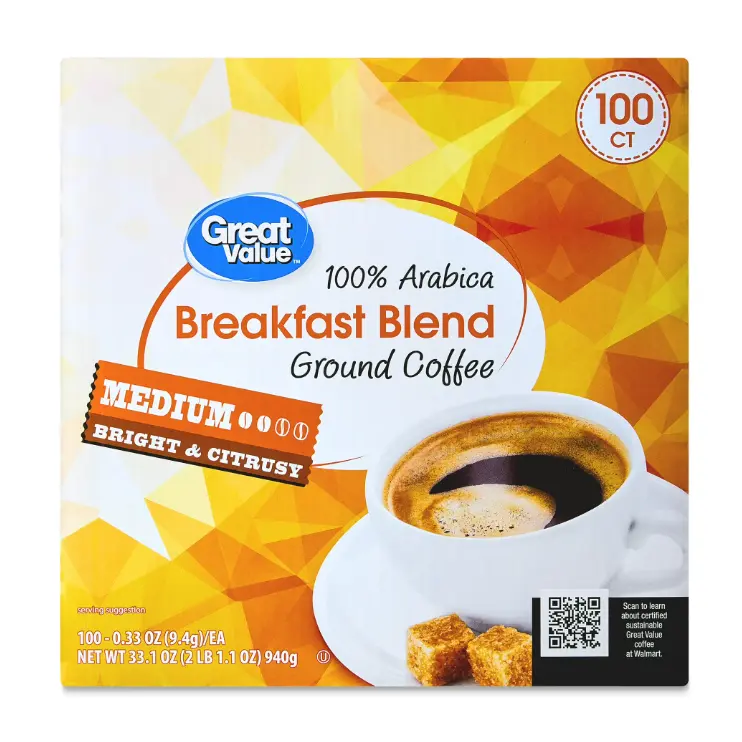 Great Value 100% Arabica Breakfast Blend Medium Roast Ground Coffee Pods, 33.1 oz, 100 Count