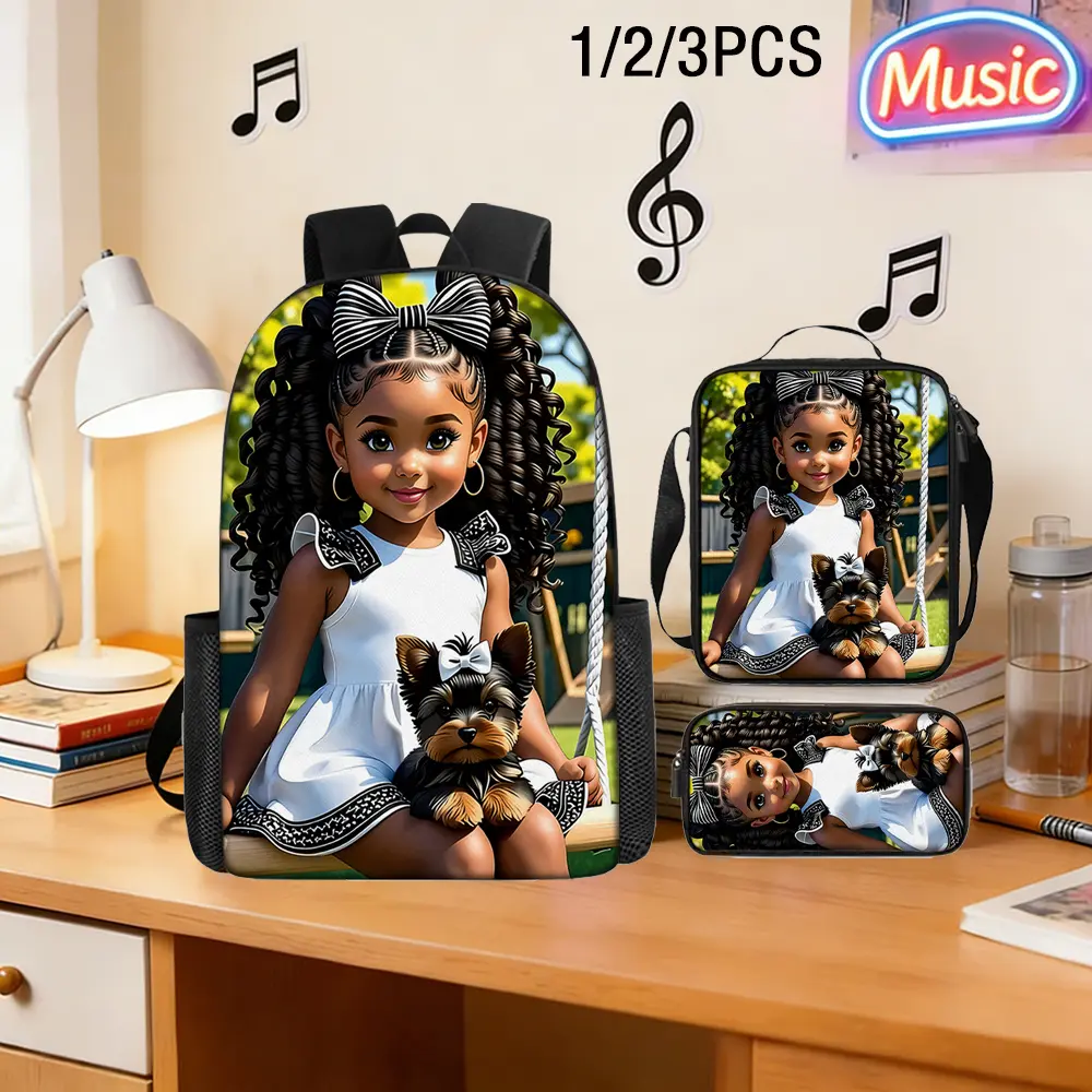 3Pcs Black Girl & Yorkie Puppy Print Backpack Set Durable 600D Oxford Cloth School Bag Insulated Lunch Box & Pencil Case Combo Adjustable Breathable Strap Large Capacity Fits 15in Laptop for Kids Teens School Travel Outdoor Use