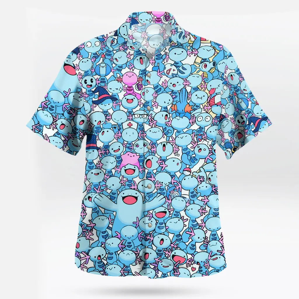 Fresh Summer Cute Blue Mud Creature Hawaiian Shirt, Youthful Anime Tropical Aloha Shirt Short Sleeve, Quirky Video Game Graphic Men Women