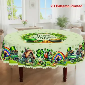 1pc, St. Patrick's Day Themed Party Tablecloth, Spring Summer Clover Leprechaun Gold Coin Shamrock Printed Design, Rectangular/Round/Oval Table Cloth, Embossed Edge, Kitchen Dining Outdoor Picnics Dinner Decor Ideal