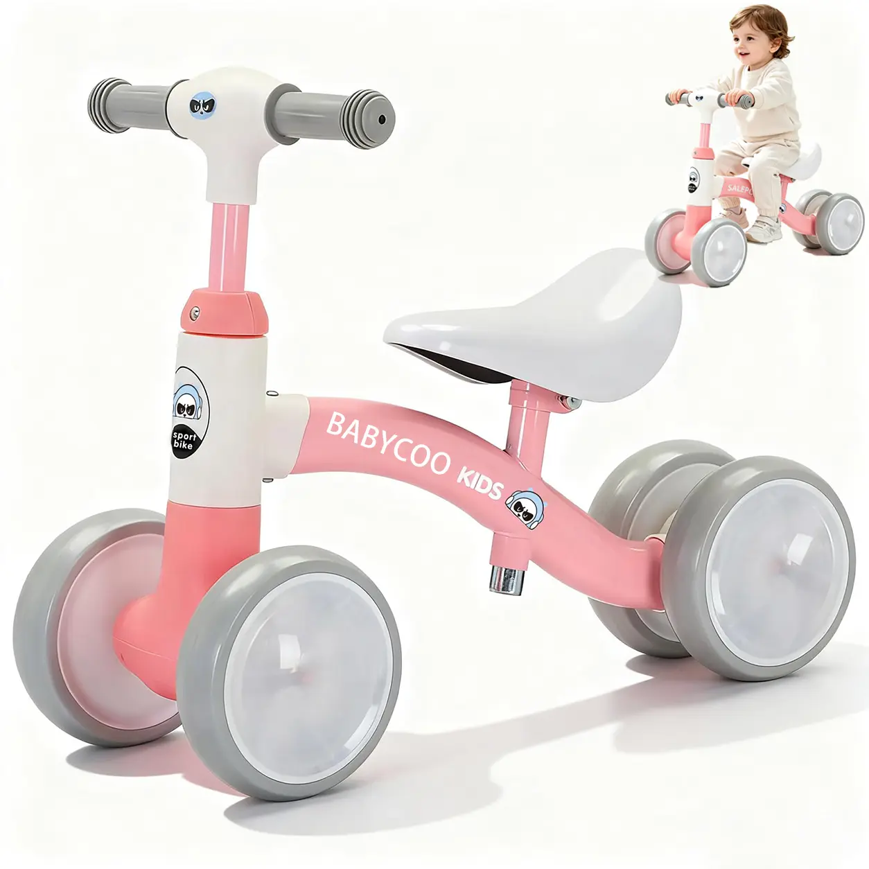 Toddler Balance Bike for 12-36 Months, Adjustable Seat, Adjustable Handlebar, 4 Silent Wheels, No-Pedal Baby Walking Bike, First Birthday Gift for Boys & Girls