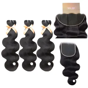 MLIP 5x5/13x6 HD Closure With 3 Bundles Natural Black Body Wave 100% Virgin Hair Bundles Silky Soft Double Wefted Raw Indian Hair No Tangling No Shedding
