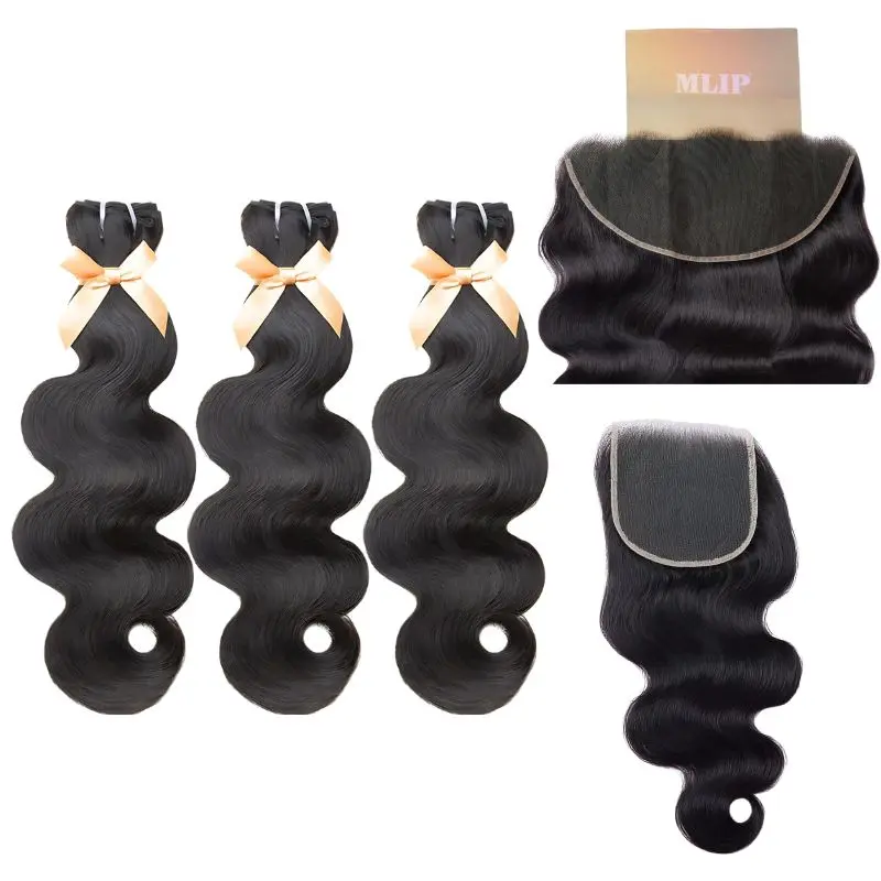 MLIP Human Hair Bundles, Natural Black Body Wave Unprocessed Virgin Indian Hair, 3 Double Wefted Bundles with HD Lace Closure for Sew-in Hairstyles, No Tangling or Shedding, Human Hair Lace