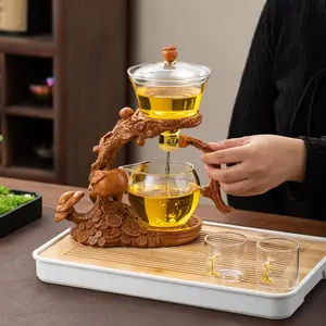 Wooden & Glass Tea Set, Tea Pot & Tea Tray & Tea Cup Set, Tea Making Tool for Home Office Use