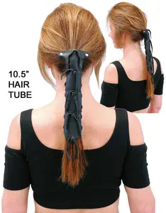 JAMIN LEATHER® 10.5" Extra Long Black Leather Hair Tube #AHW0093K - Top Grain Cowhide, 3" Barrette, 7 Snap Straps, Handcrafted in USA Tangles Outdoor Activity