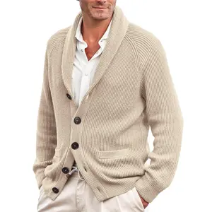 PASLTER Mens Shawl Collar Cardigan Sweater Cable Knit Button Down Winter Chunky Sweater with Pockets Vintage Knitwear Menswear