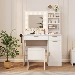 White Vanity Desk with Lighted Mirror – 3 Lighting Modes Makeup Table with Charging Station, Cushioned Stool & 3 Drawers for Bedroom or Makeup Studio