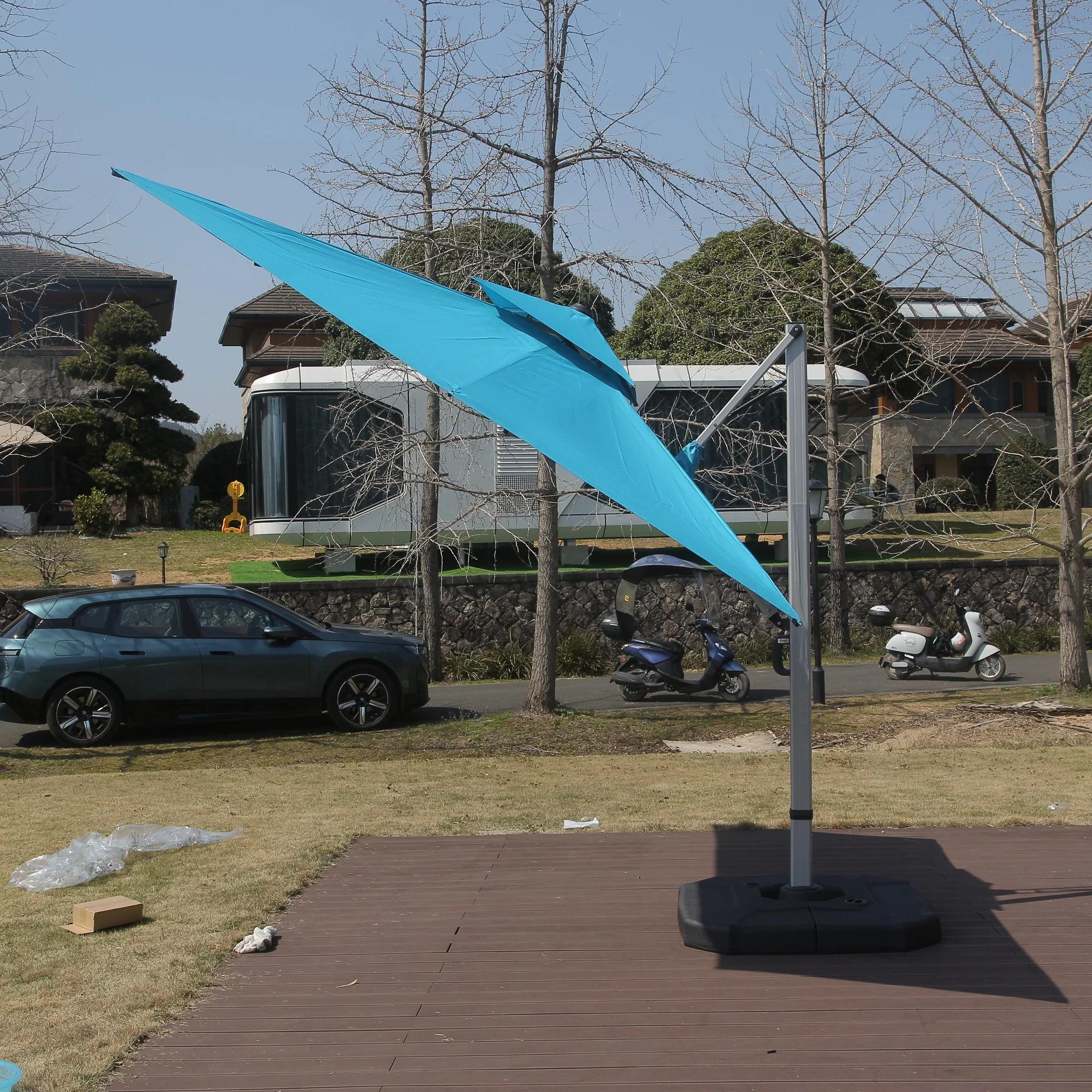 9*11 FtRectangle Cantilever Patio Umbrella with Center Pole Elegant Outdoor Furniture & Base Set