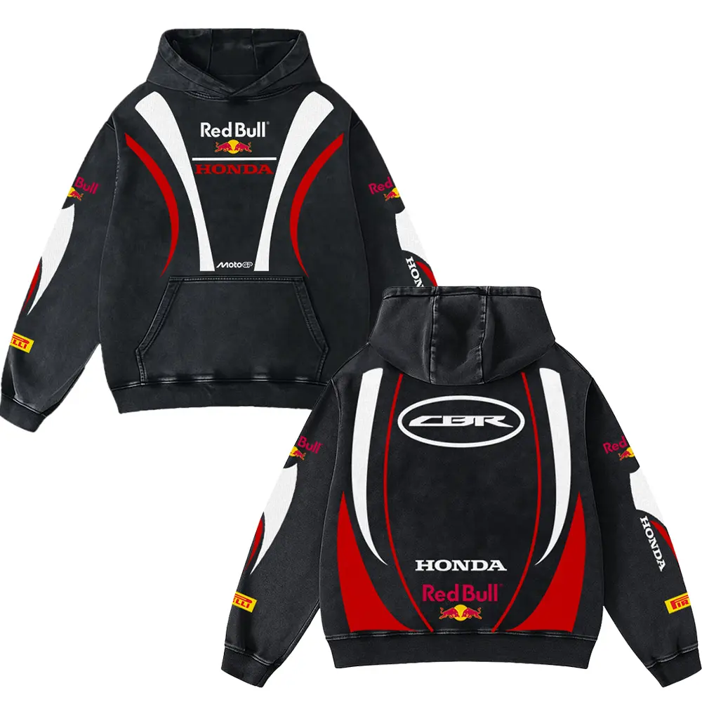 Retro Redbull CBR Racing Washed Hoodie MotorGP World Champion Enthusiast Apparel Streetwear Racing Team Motorcycle Clothing Motorbike Riders Supermotor Off-Road Dirt Bike Fan Gear Cotton For Motor Fan