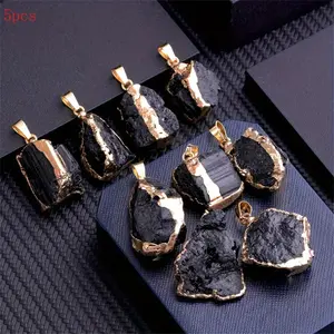 Natural Black Tourmaline Raw Stone Gold Plated Edge Pendant Necklace with Black Leather Cord, Healing Crystal Protection Jewelry, Trendy Minimalist Energy Stone Necklace for Men Women, Spiritual Negative Energy Cleansing Amulet for Daily Wear