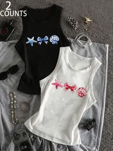 Women's Summer 2-Piece Fashion Casual Tank Tops, Shell Starfish Bow Print, Short Sleeveless Fitted Vest, Perfect for Beach Vacation