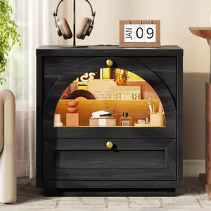 Sikaic Arched Glass Nightstand with 3-Color LED & Charging Station Matte Black Vintage Arched Design with Glass Door, Step-Divider Drawer, Touch-Controlled 3-Color LED, Built-in Outlets USB-C, Easy Assembly