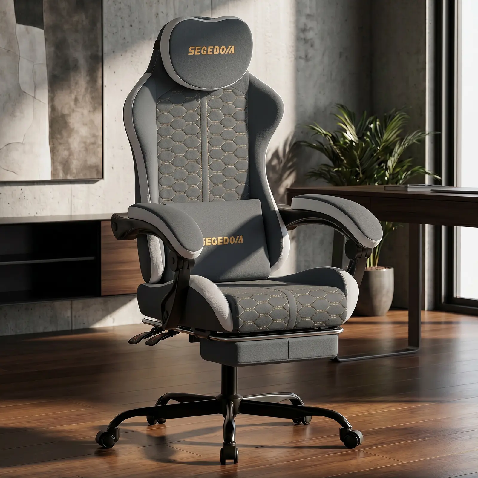 SEGEDOM Modern Waterproof Recliner Gaming Chair - Office Chair, Adjustable Armrests & Footrest, Breathable Honeycomb-Patterned Cushion, Ergonomic Spine Support, Gas Lift, Silent Smooth Roll Casters, Assembly Required, Adult Desk Use (Gamer Stuff)