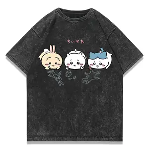 Vintage Washed Chiikawa Graphic T Shirt, Cute Hachiware Usagi Chibi Cartoon Oversized Tee, Kawaii Japanese Anime Streetwear Short Sleeve For Women Men Unisex Relaxed Fit Stylish Menswear