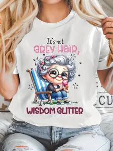 Women's Plus Size Funny Grandma T-Shirt - "Not Gray Hair But Wisdom Shining" Slogan with Sequin Elderly Lady Design Bohemian Round Neck Short Sleeve Top Loose Casual Gift Suitable for Daily Wear Birthday & Christmas Present
