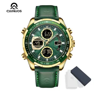 CAINUOS C8003 Men's Dual Display Watch 46mm Waterproof Tactical Watch, Genuine Leather Strap Luminous Quartz Watch with Date Week 12/24H Display, Fashion Casual EDC Wrist Watch for Men tiktokshopspringglowup