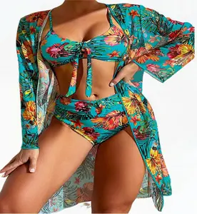 WF-2025Hot Selling Bikini Sets for Women 3 Piece Floral Print Halter Triangle Swimsuit Bathing Suit with Beach Skirt with Cover Up