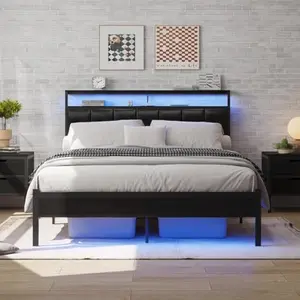 Full Size Bed Frame with Charging Station and LED Lights, Black Upholstered Headboard with 2-Tier Storage Shelves, Metal Bed Frame with Headboard, No Box Spring Needed, Easy Assembly,Black king Led Platform Bed
