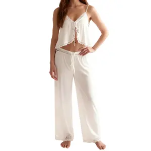 Women 2 Piece Casual Pajamas Set Sleeveless Backless Spaghetti Strap Tie front Lace Cami Top Wide Leg Pants Lounge Set
