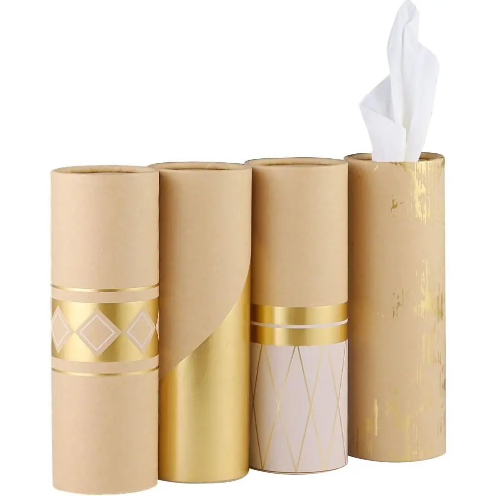 Tissue Holder For Car, Travel Cup Holder With 3-ply Facial Tissues Bulk-4 PK Gold Foil Cylinder, Refill Box Round Container Kraft