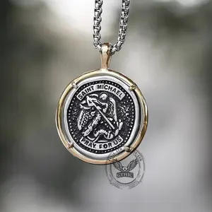 GTHIC Unisex Archangel Saint Michael Pray For Us Coin Necklace Fashion Accessories Birthday Gift Stainless Steel