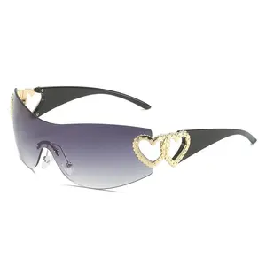 Y2K Heart Decor Rimless Sunglasses for Women, UV400 Protection Trendy Gradient Lens Shield Shades, Fashion Oversized Wrap-Around Eyewear for Summer & Parties