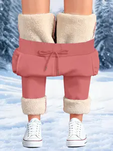 Women's Fashion Casual Long Pants, Ribbed Cuff Warm Fleece Lined, Drawstring Waist Straight Leg, Fall & Winter Wear