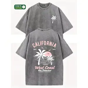 Washed Cotton California Graphic Tee – 230g Soft Vintage Surf Beach Tee with Palm Trees & Retro Print, Loose Fit Summer Casual Shirt for Men Women, Unisex Machine Washable