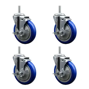 212 MAIN Lockable Polyurethane Swivel Threaded Stem Caster, SCC-TS20S514-PPUB-BLUE-TLB-34212-4 Model, 5x1.25 in. Blue Wheels, 0.75 in. Stems - Set of 4, Lockable Wheels