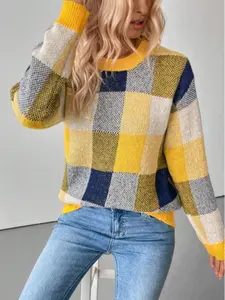 Women's Knitted Sweater, Knitwear Casual Long Sleeve Round Neck Drop Shoulder Plaid Design, Perfect for Spring Summer, Elegant Style