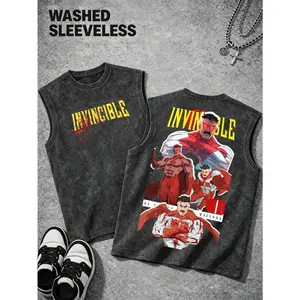 Men Black Washed Streetwear Brand Street 100 Percent Cotton Sleeveless Tank Top Invincible Comic Character And Text Graphic Print Casual Outfit For Daily Wear |Vintage Heavyweight| |Perfect Gift| |Loose Comfortable Breathable| |Machine Washable Fabric|