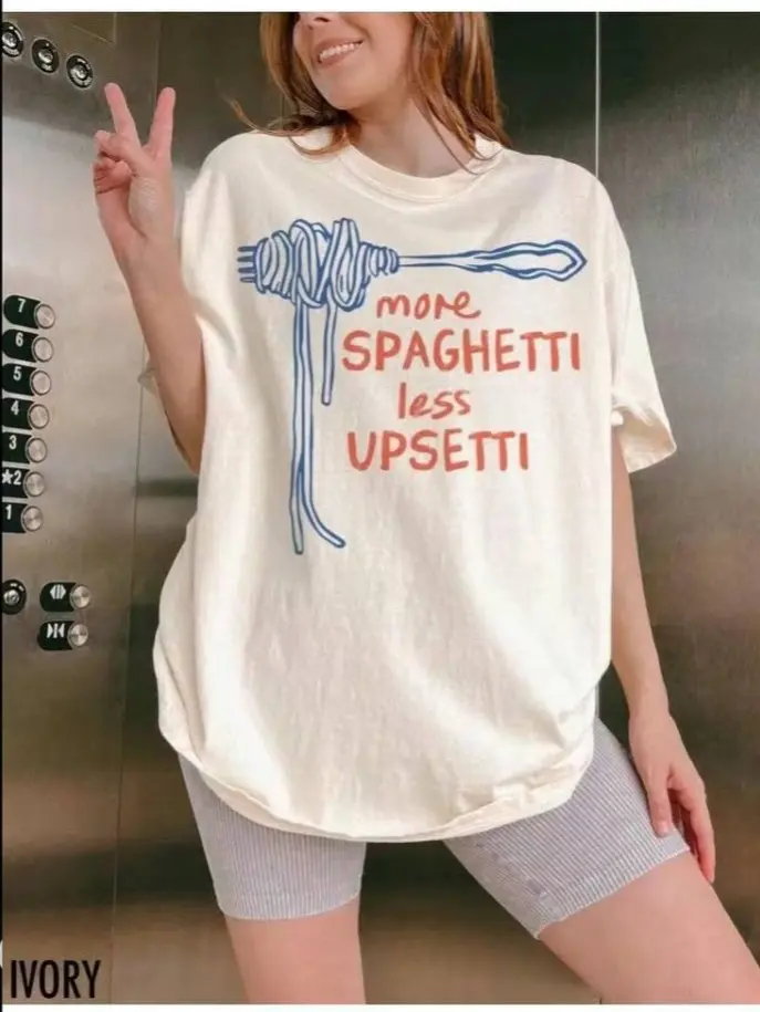 Comfort Colors Funny Foodie Graphic Tee, Unisex "More Spaghetti Less Upsetti" T-Shirt, Casual Cotton Short-Sleeve Crew Neck Streetwear