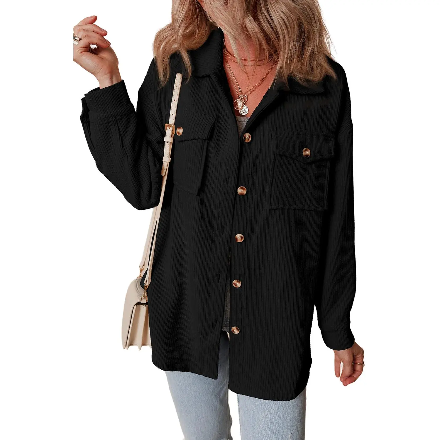 Women's Black Corduroy Flap Pocket Button Up Shacket - Cozy and Stylish Outerwear