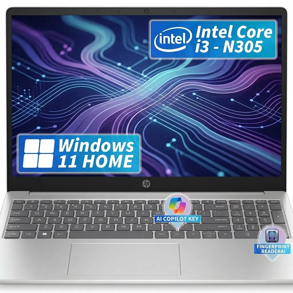 HP 15.6" FHD IPS Micro-Edge Anti-Glare Laptop - Intel i3-N305 CPU, 8GB RAM, 256GB SSD, Built-in Speakers, USB 3.0, SD Card Support, Wi-Fi, Fingerprint Reader, 3.52 lbs, Cordless, WIN 11 Home, Silver, FR ID, for Students/Biz, Batteries Included