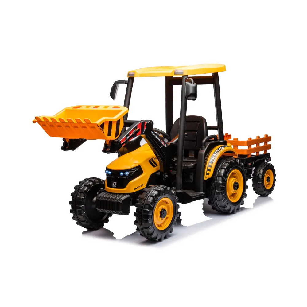 24V 3-in-1 Kids' Ride On Tractor - Plastic Electric Toy Vehicle for 3-4 Years Children, with Parent Remote Control, Pedal, Working Loader, Backhoe Digger, Trailer for Imaginative Play (Yellow, Kids' Ride On Car Toys Yes)