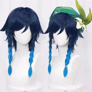 Kokomi Cosplay Wig with Blue Braids and Green Leaf Accessory for Anime Fans Synthetic baby Wig