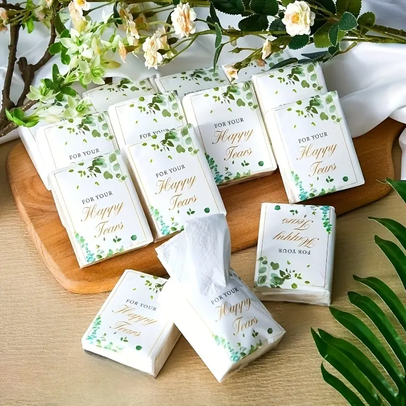 80Sheets Paper(80pcs/10Pack), Bulk Wedding Napkins Pack - Green Leaf & Golden Accent Tissues with "For Happy Tears" Phrase, Bulk Wedding Party Favors, Guest Table Decorations, Disposable, Decorative Paper Napkins (8pcs/1Pack)