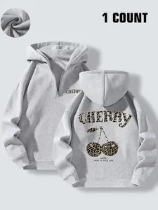 Women's Leopard Cherry & Letter Print Drop Shoulder Half Zip Hoodie, Fashion Casual Long Sleeve Hooded Sweatshirt for Daily Holiday Outdoor Wear, Women Clothes for Fall & Winter