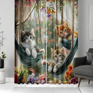 2pcs The cute kitten pattern on the hanging basket Digital Printed Sheer Curtains Window Curtain, Fade Resistant Polyester Fabric, Drapes for Bedroom & Living Room